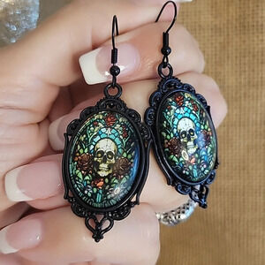 STAINED GLASS SKULL BROOCH STYLE EARRINGS
